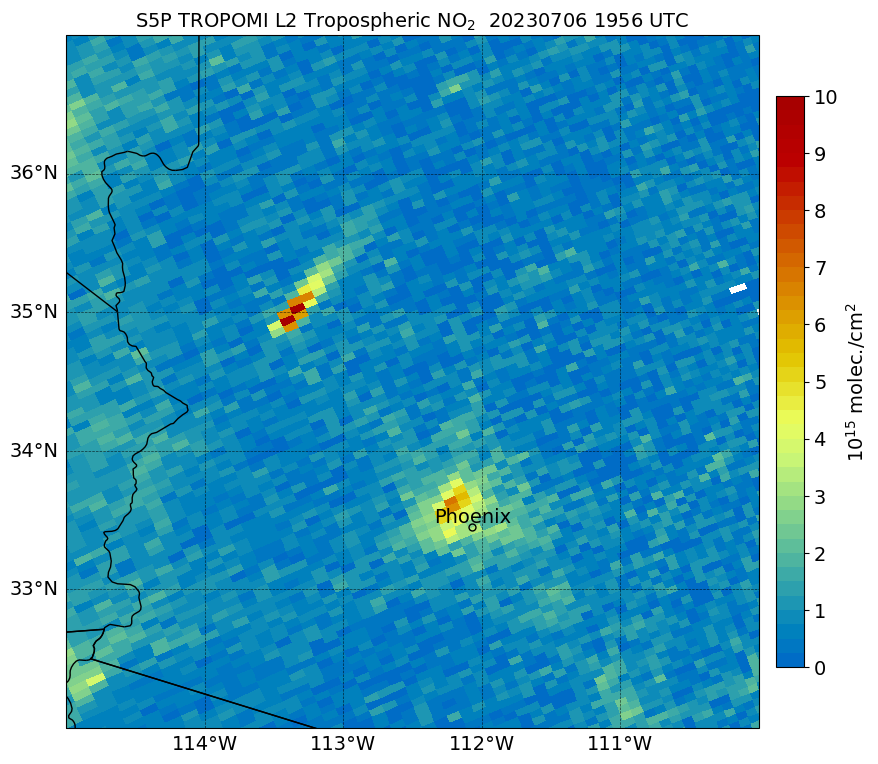 #NitrogenDioxide columns from #Sentinel5p #TROPOMI on 7/5 & 7/6 of the #PilotFire in #Arizona to the NW of Phoenix. Ecstatic to see upcoming @TEMPO_Mission data during these #wildfire events! #NASATEMPO #AirPollution #AirQuality