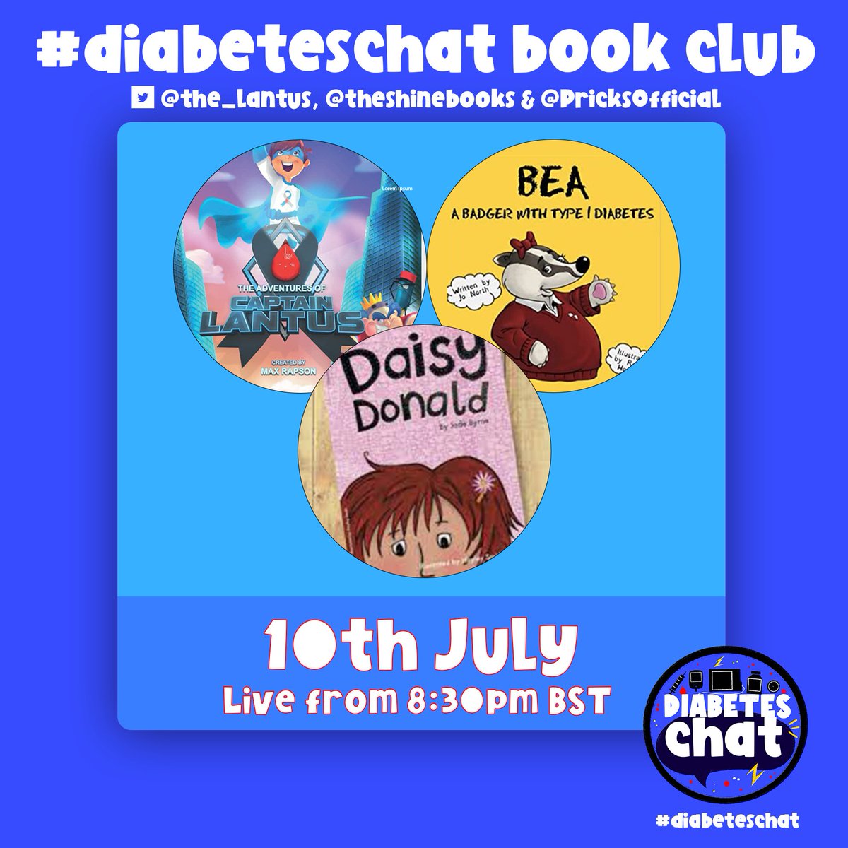 diabetes_chat's tweet image. Come join our 1st ever #diabeteschat book club 📚 on Monday's community chat night. Space starts 8pm. Guest Speaker chat: 8:30pm, followed by Open Forum Chat &amp;amp; #thursdaythread

We'll be joined by:
📚 @the_lantus 
📚 @PricksOfficial 
📚 @theshinebooks 

🎧
