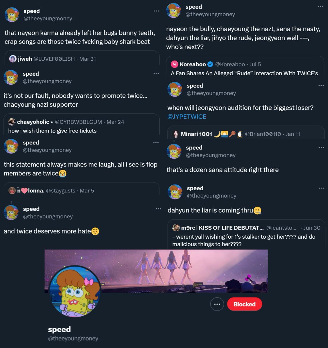 protecttwice_'s tweet photo. 🚨 MASS REPORT 🚨

@/theeyoungmoney
🔗https://t.co/CXjKdGoR9Z

Continues to insult #TWICE &amp; the members.

📌Report &amp; block. Don't engage
> Someone else → Harássment→ InsuIting or name-caIling→ Race, gender...→ Add tweets→ Add context→ Submit

Please RT.
#ONCEs #ProtectTWICE https://t.co/GpQ45yoNbo