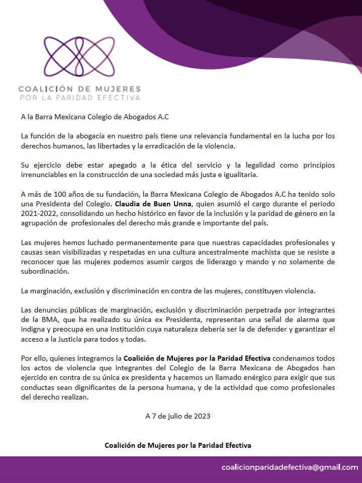 Quienes conformamos la Coalición expresamos nuestro respaldo a <a href="/clausdebuen/">Claudia de Buen Unna</a> ante las violencias y acoso denunciados en su carta de renuncia a la <a href="/BMA_Abogados/">Barra Mexicana, Colegio de Abogados A.C.</a> y conminamos a esa organización a erradicar prácticas misóginas no propias del espíritu del derecho.