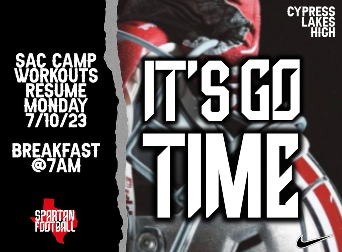 CyLakes_FB's tweet photo. Good afternoon Spartans! We hope everyone has enjoyed their break. Just a reminder, we are back at it on Monday, 7/10/23. Breakfast starts at 7am. We look forward to seeing everyone bright and early! #Spartans #OneTeamOneSound #AllGasNoBreaks https://t.co/1gt3jy9uRR