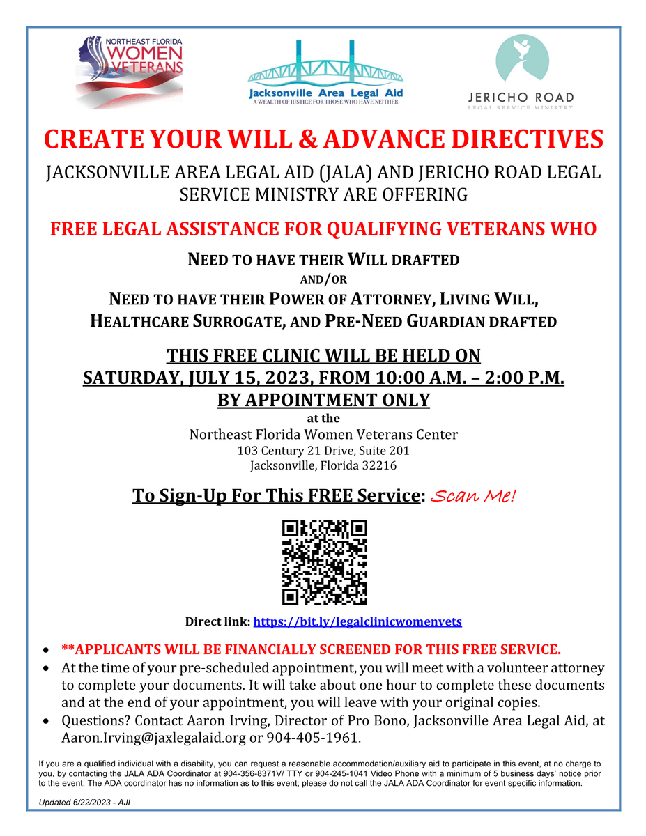 wvignited's tweet photo. WOMEN VETERANS!! Come create your Will &amp; Advanced Directives for FREE at our office on Saturday, July 15th! You must register for an appointment at https://t.co/kQDnjUIQ70 See the flyer for details. https://t.co/d3O1tLlR7Y
