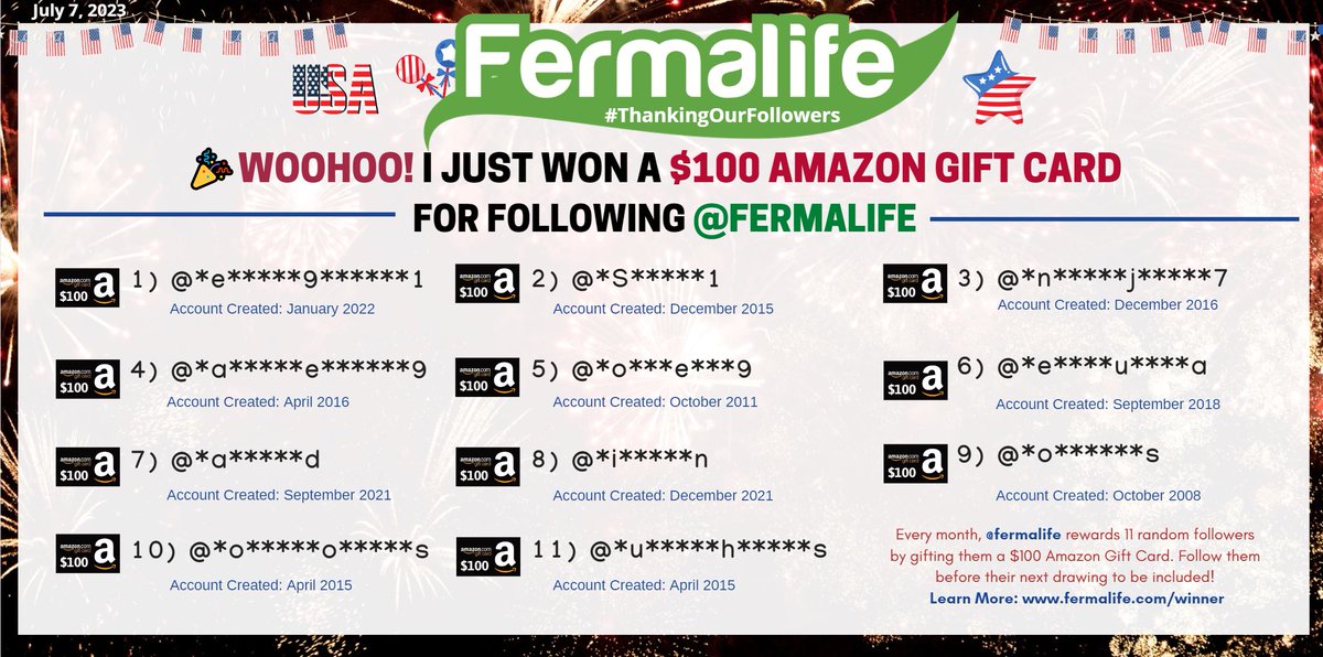 Roscoe1679's tweet image. WOOOHOO! I JUST WON A $100 #AmazonGiftCard from @fermalife for their #ThankingOurFollowers drawing by following them. Every month they give 11 random followers a $100 Amazon Gift Card! Follow them to #win! Details: fermalife.com/winner
