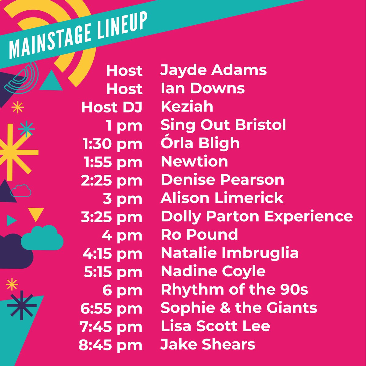 Here's your Bristol Pride Mainstage Lineup for this Saturday 8 July 🌈 bristolpride.co.uk/stages-festiva…
