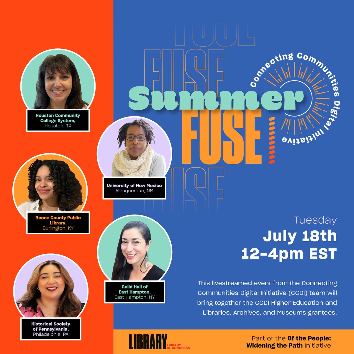 Register now for CCDI’s virtual Summer Fuse event on 7/18, 12pm-4pm EDT: loc.zoomgov.com/webinar/regist…!

Our awardees—Boone County Public Library, Guild Hall of East Hampton, Historical Society of Pennsylvania, Houston Community College &amp; University of New Mexico will share their work!