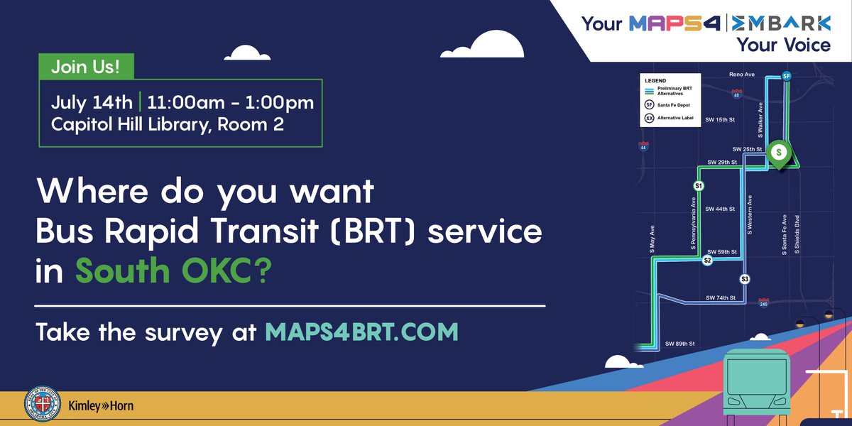 You’re invited to attend our final open house for phase 2 of Bus Rapid Transit planning. Stop by Capitol Hill Library on Friday, July 14 from 11 a.m. to 1 p.m. and provide input on two new BRT corridors in Northeast and South OKC. Learn more at MAPS4BRT.com.