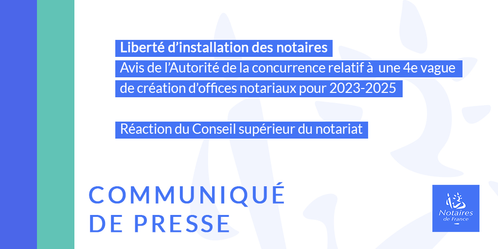 [Communiqué] Avis de l’<a href="/Adlc_/">Autorité de la Concurrence</a> relatif à une 4e vague de création d’offices notariaux : 600 nouveaux #notaires d'ici 2025 et extension des zones de libre installation et de libre transfert. Réaction du #CSN ➡️ presse.notaires.fr/reaction-du-cs… #NotairesdeFrance #notariat