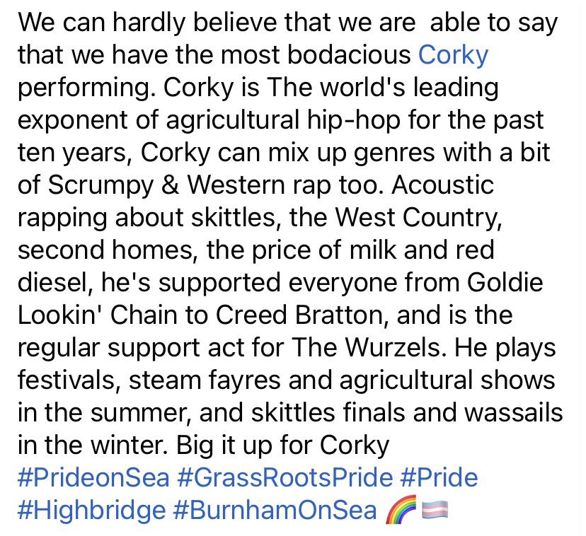 Oh, hello! What’s that? Corky on the <a href="/PrideonSea/">Pride On Sea</a> stage? You better believe it. 22 July. March from 10.30, live acts from 12 🏳️‍🌈💕🏳️‍⚧️✨
#PrideonSea #GrassRootsPride #Pride #Highbridge #BurnhamOnSea 🌈🏳️‍⚧️