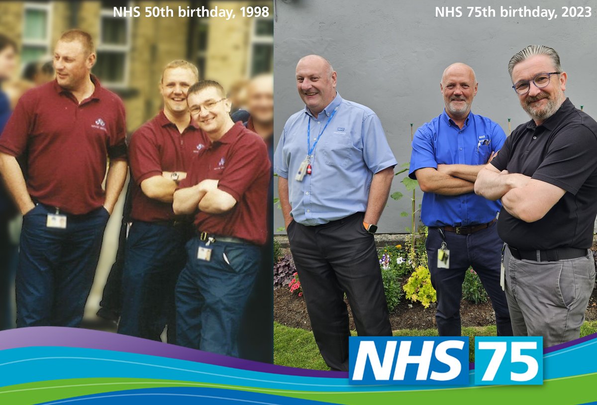 Colleagues Ian Turner, Kelvin Galawan, and Andrew Crossley were part of the Estates and Facilities team at Burnley General Hospital in 1998 as the NHS celebrated it’s 50th birthday.  25 years on they've been celebrating #NHS75 by recreating their original picture! 💙 #ELHTFamily