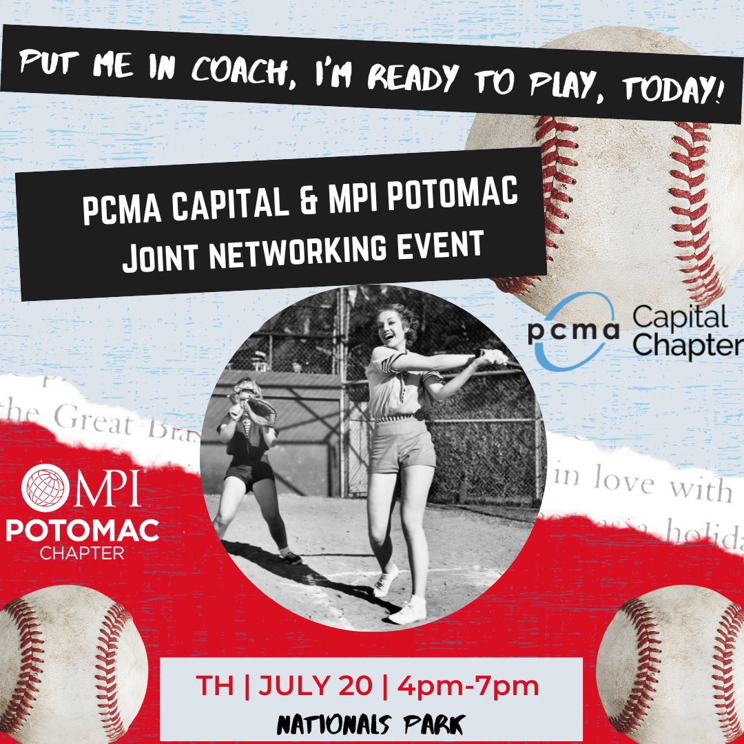 PCMACC's tweet image. Join your industry friends and colleagues for the PMPI &amp;amp; PCMACC Joint Networking Event, which will be in a League of its Own.  Thursday, July 20 @ @NationalsPark.

Register here: cvent.me/yZdzRP?RefId=P…

#PCMADC #MPIPotomac #EventProfs #MeetingProfs #DMVMeetings
@MPIPotomac