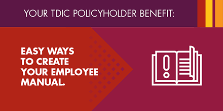 #TDIC policyholders have access to a full library of helpful sample forms and #riskmanagment reference guides, including a customizable, state-specific employee manual. 

Download the template and other time-saving resources: ow.ly/CLkL50P6sm7