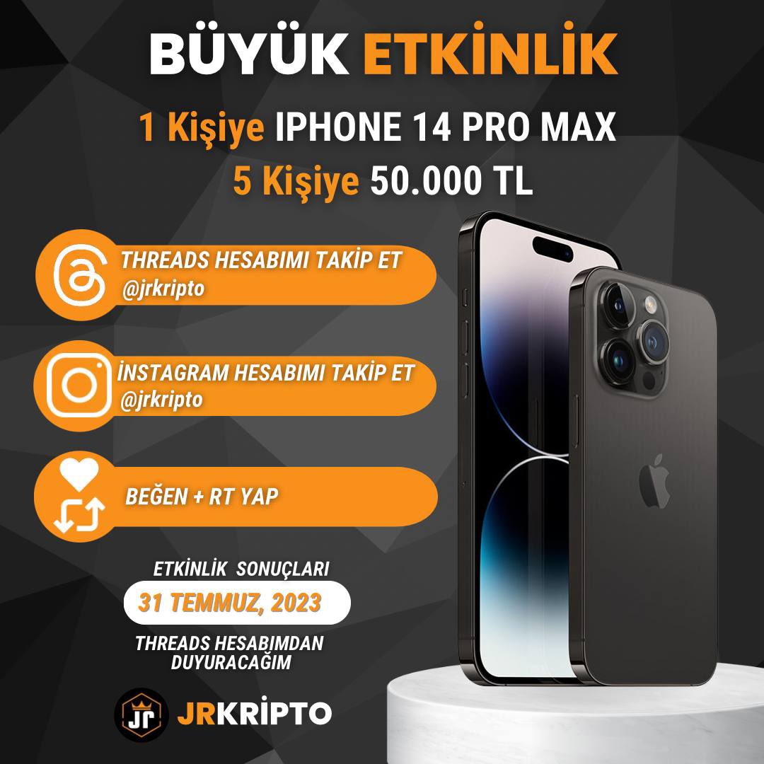 Büyük JrKripto Etkinliği🎁 ➡️1 kişiye, iPhone 14 Pro Max ➡️5 kişiye, toplam 50.000TL hediye ediyorum. Etkinlik Görevleri; 1.) Threads Sayfamı Takip et👇 threads.net/@jrkripto 2.) Instagram Sayfamı Takip et👇 instagram.com/jrkripto?igshi… 3-) Bu tweeti RT + Like yap