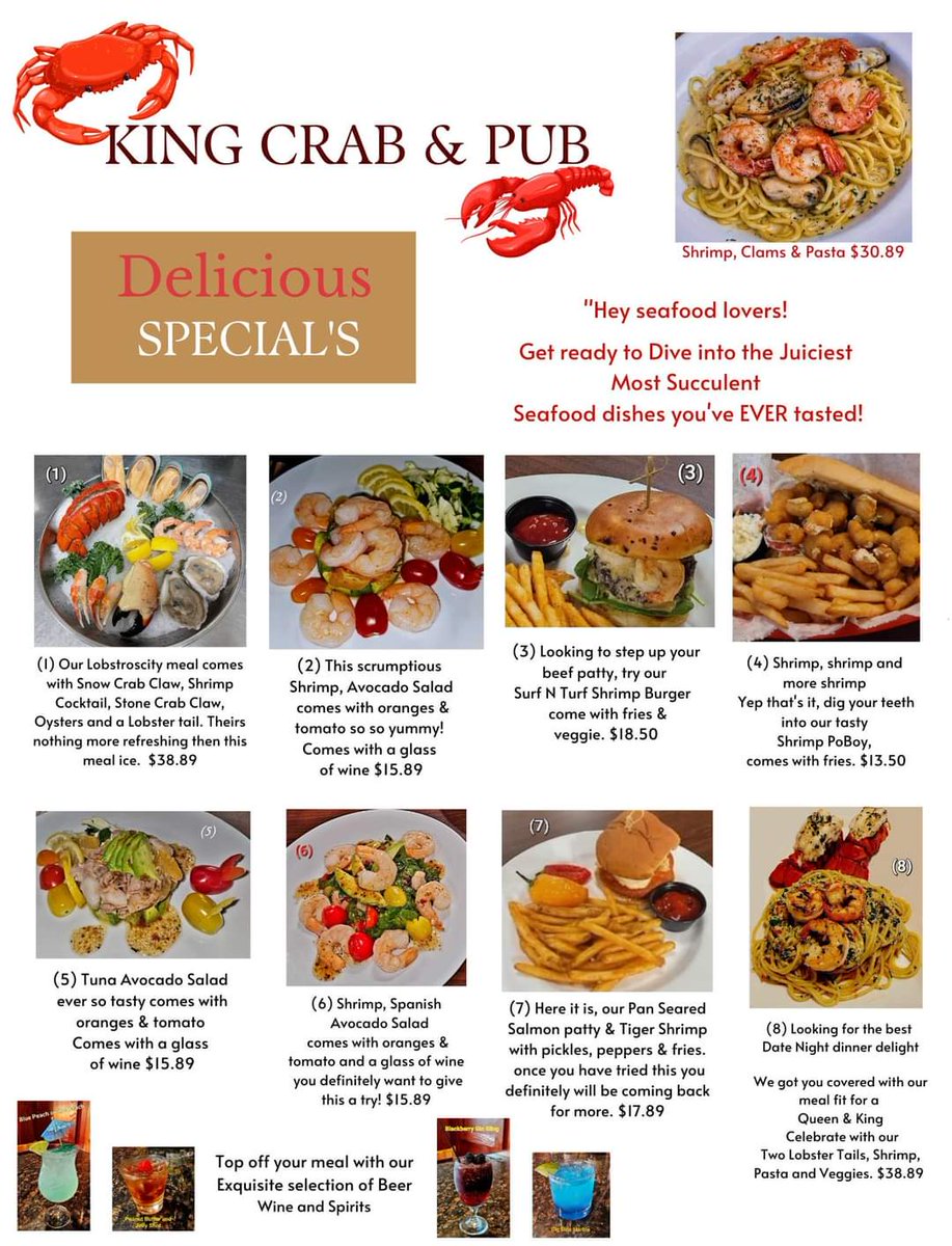 "Hey seafood lovers! 🦀 Get ready to dive into our New juiciest Summer Specials at
King Crab 
462 Park Blvd #120. 
Glen Ellyn, IL 60137 

Monday to Friday 4:30 to 9:30pm
Saturday12–3pm to 4:30–9:30pm
Sunday 12 to 8pm
Reservations Call Michelle at 630-661-5396