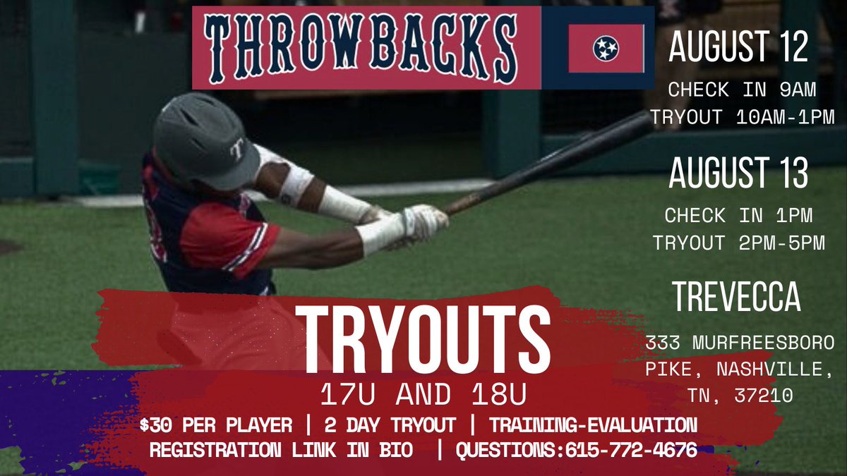 🚨TRYOUT INFORMATION🚨

Use the link in this tweet or the one in our bio to register for upcoming tryouts. Ages 16-18 or 2026-2024 grads are all welcome to join. 
‘Backs on Top!

tinyurl.com/Throwbacks-Try…