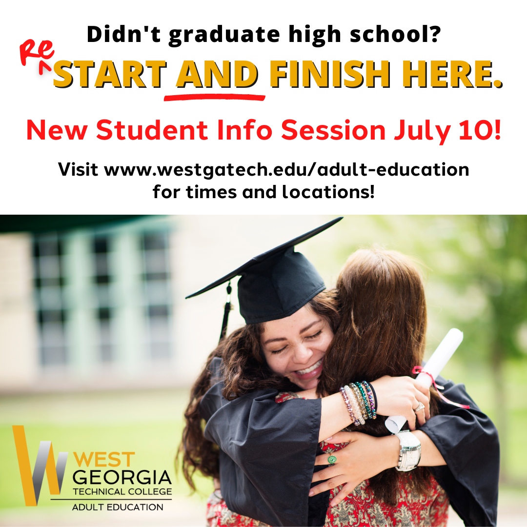Did you know that WGTC offers free high school equivalency classes? Join us for our New Student Info Session on Monday, July 10! Visit our website to learn more: westgatech.edu/adult-education