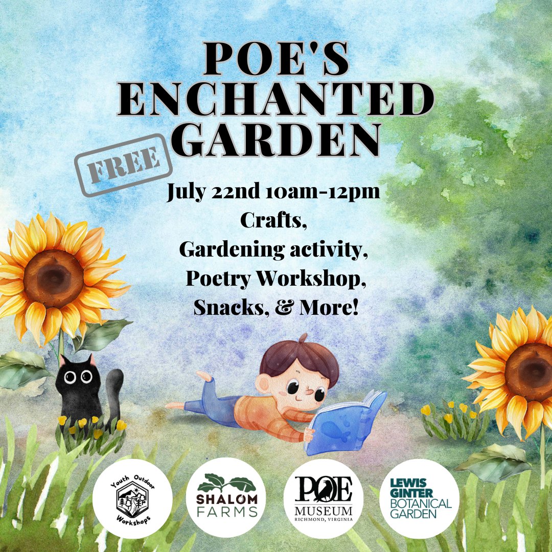 Join us on Saturday, July 22nd from 10:00am to 12:00pm for a morning of FREE family-friendly programming delivered by the Poe Museum and our community partners: Lewis Ginter Botanical Garden, Shalom Farms, and Youth Outdoor Workshops! Register here: ow.ly/R2ym50P6gZn