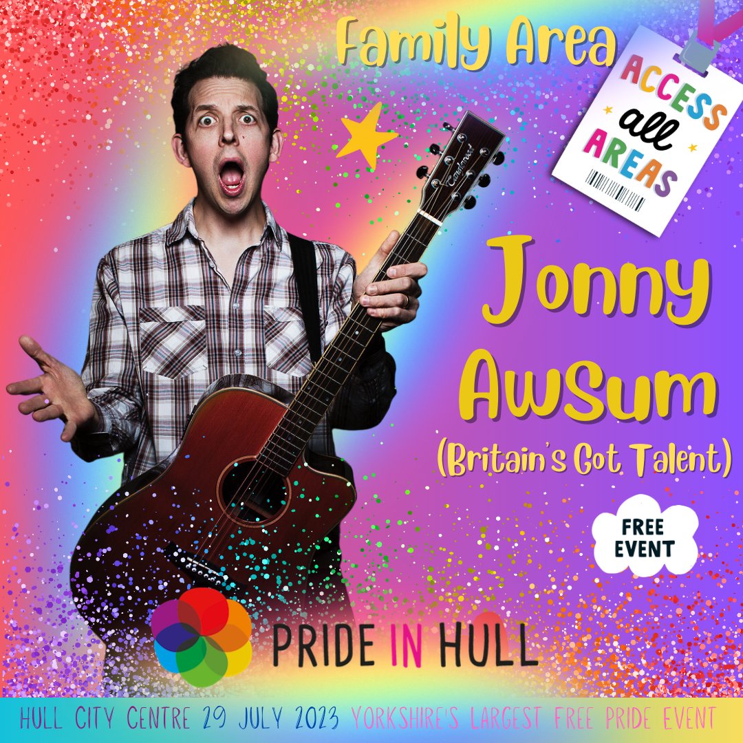 prideinhull's tweet photo. 🌈 Exciting News Alert! 🎉
We are delighted to announce that @jonnyawsum, the sensational star of Britain's Got Talent, will be headlining the family area at Pride in Hull! 🎭🎤
#PrideInHull #JonnyAwsum #FamilyAreaHeadliner #UnforgettableEntertainment #Celebration #Pride2023 https://t.co/1jl63aJkww