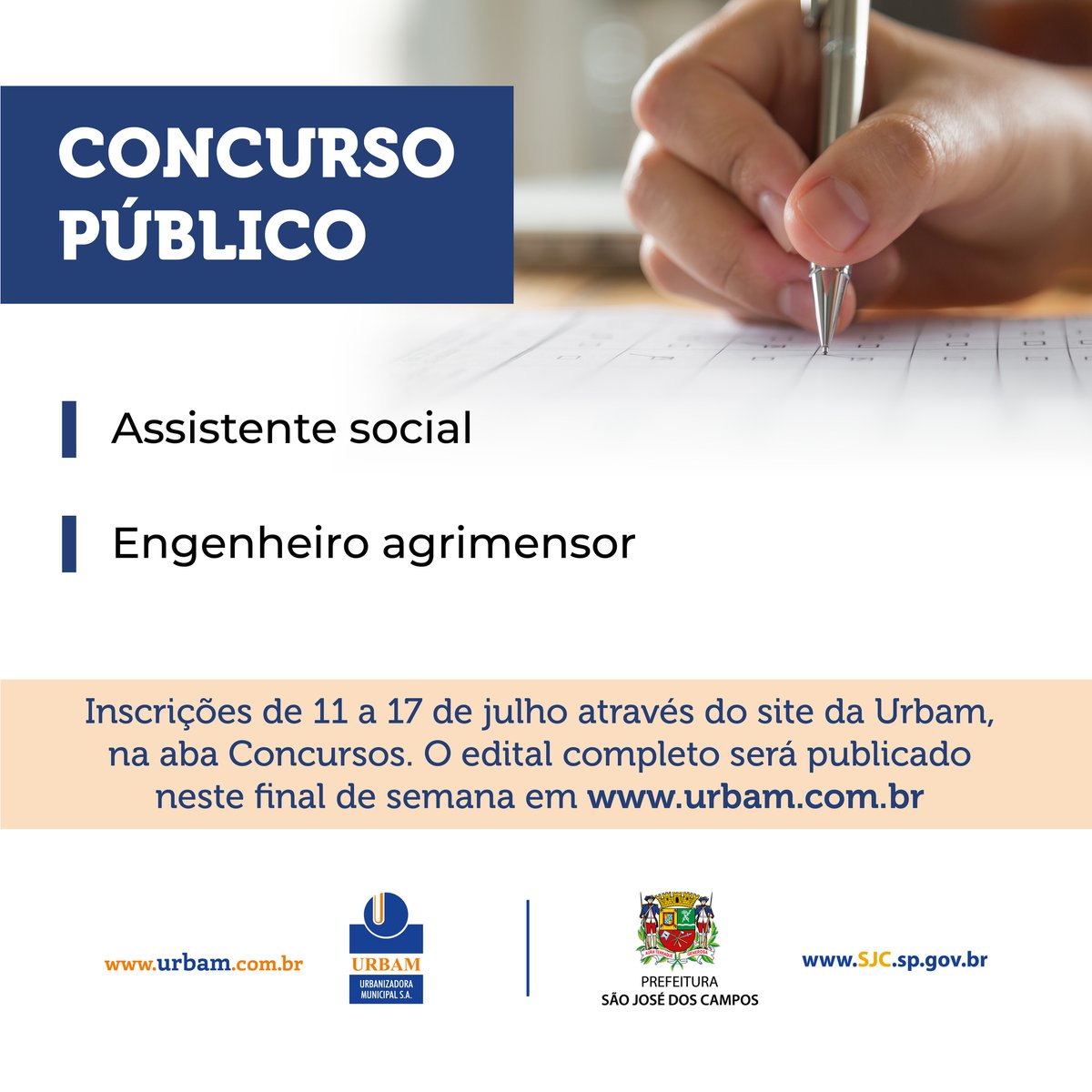 urbamsjc's tweet image. URBAM ABRIRÁ CONCURSOS PARA ASSISTENTE SOCIAL E ENGENHEIRO AGRIMENSOR ✍

✅ As inscrições poderão ser feitas de 11 a 17 de julho, no site da empresa: urbamsjc.com.br/concursos

🔗 Saiba mais: urbam.com.br/noticias

#urbam #sjc #sjcampos #concursospublicos #concursospúblicos