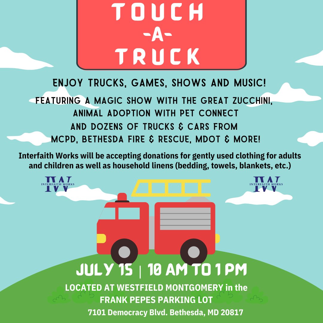 InterfaithWorks's tweet photo. Join us on July 15th for this fantastic event. Thank you to @WestfieldMON for including us in this event. We hope to see you there! #TouchATruck #MocoEvents #Donate #SupportMoco https://t.co/TzO77DT3cM