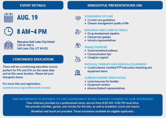 Calling all parents of children with Duchenne muscular dystrophy, <a href="/CureDuchenne/">CureDuchenne</a> is hosting a free workshop on 8/19 in SLC. On-site Spanish translation will be available. 

Register today at cvent.me/20QZrn