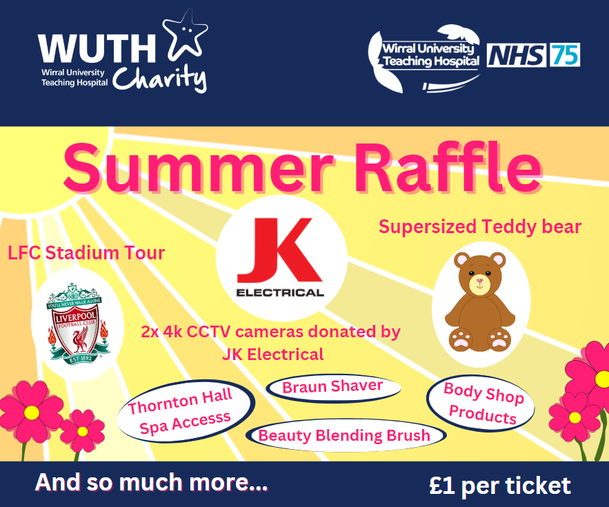 WUTH CHARITY (@wuthcharity) on Twitter photo Summer Raffle tickets now on sale. Thank you to all our supporters who have donated a prize, JK Electrical , Liverpool FC Thornton Hall Hotel & Spa & so much more.
Tickets are available from the Charity Office for £1 each.
Email WUTH.Charity@nhs.net or to find out more Summer Raffle tickets now on sale. Thank you to all our supporters who have donated a prize, JK Electrical , Liverpool FC Thornton Hall Hotel & Spa & so much more.
Tickets are available from the Charity Office for £1 each.
Email WUTH.Charity@nhs.net or to find out more