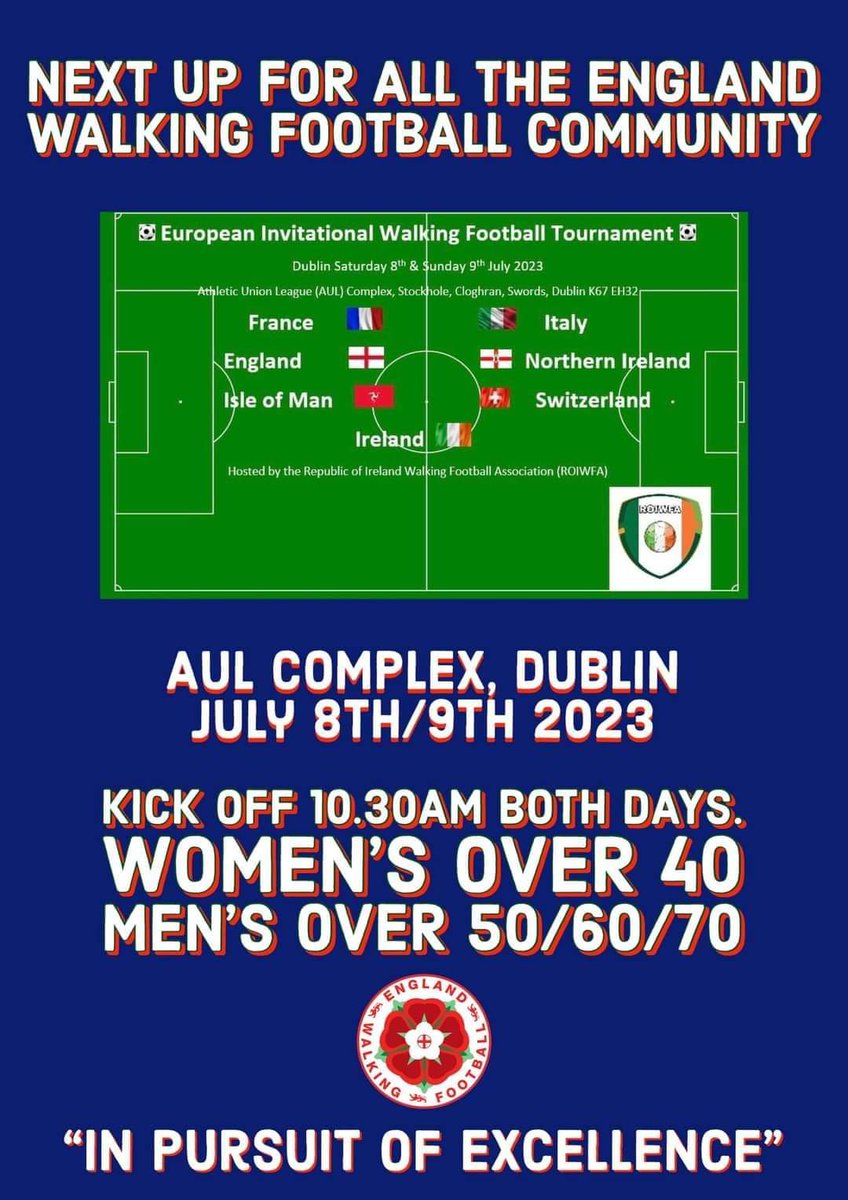 Best of luck to the ladies and gentlemen representing England Walking Football Community <a href="/EwfCwomen/">EWFCwomen</a> in Dublin this weekend.

Anita Clarke 
Gail Redston 
Mac Barlow 
Lesley Wright 
Barrie George 
Brian Bent 

Have a great tournament and enjoy.

C'MON ENGLAND 🏴󠁧󠁢󠁥󠁮󠁧󠁿⚽