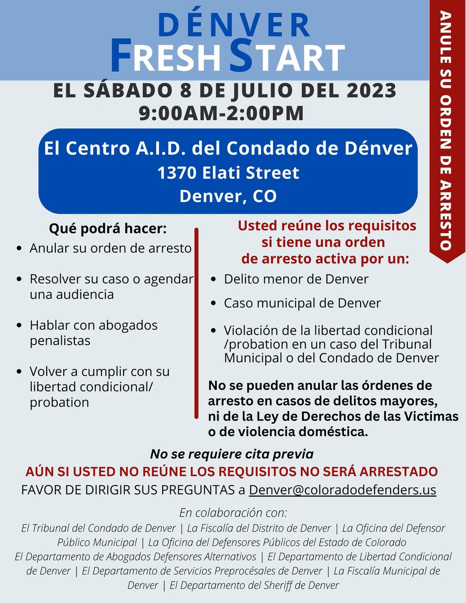 OrtegaAtLarge's tweet photo. Do you have an active warrant for a low-level crime?
Come to the AID Center this Saturday for the Fresh Start warrant clearance event! Eligible participants can have outstanding warrants cleared, cases resolved, and a fresh start with pre-trial supervision. #Denver https://t.co/BJaR2YQr0A