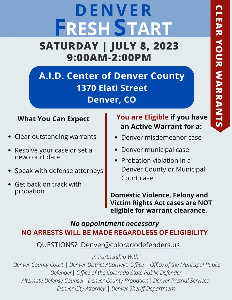 OrtegaAtLarge's tweet photo. Do you have an active warrant for a low-level crime?
Come to the AID Center this Saturday for the Fresh Start warrant clearance event! Eligible participants can have outstanding warrants cleared, cases resolved, and a fresh start with pre-trial supervision. #Denver https://t.co/BJaR2YQr0A