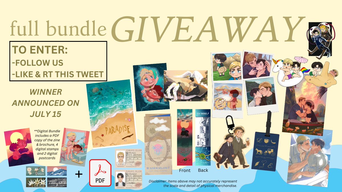 erurivacayzine's tweet photo. 🎊 GIVEAWAY 🎊

One lucky EruRi will win a full physical bundle of Paradis(e) and two lucky EruRis will win a digital bundle of Paradis(e) ✈️ Join now as Pre-Orders will be closed in 7 days! 

To enter: 
🏖️ Must be following @erurivacayzine
🏖️ Like &amp; RT this post https://t.co/AidCwIyALL