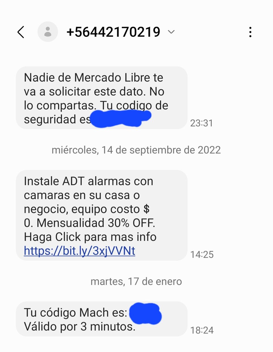 ffernandezc's tweet photo. Hoy me llegó un mensaje-fraude que busca que uno haga clic en un link. Nada nuevo, pero lo curioso está vez es que el número también es usado por comercios legítimos como @Mercadolibre @ADT @VuelaJetSMART y @somosmach https://t.co/vPq8ItYWWY