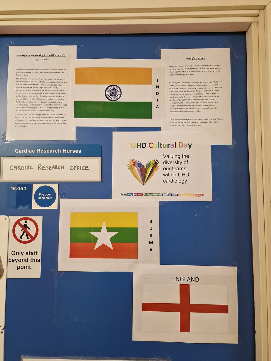 Cherrich72's tweet photo. Celebrating our diversity in cardiology and supporting #UHDculturalday. Displaying flags and stories to represent the cultures of our amazing teams. With colleagues saying 'good luck'  in their native language x  @UHD_NHS @rohana1 @PappuDeepa @MedicalCG_UHD @OD_UHD_NHS https://t.co/0AyKCwDFrn