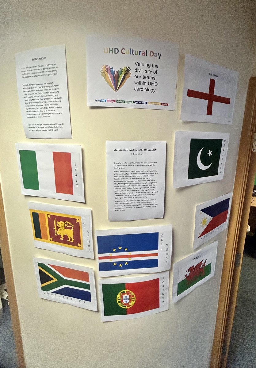 Cherrich72's tweet photo. Celebrating our diversity in cardiology and supporting #UHDculturalday. Displaying flags and stories to represent the cultures of our amazing teams. With colleagues saying 'good luck'  in their native language x  @UHD_NHS @rohana1 @PappuDeepa @MedicalCG_UHD @OD_UHD_NHS https://t.co/0AyKCwDFrn