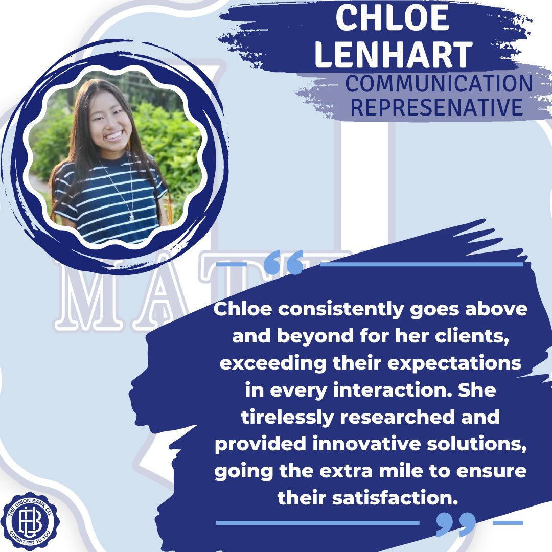 TheUnionBankCo's tweet photo. **📢 EMPLOYEE SPOTLIGHT** Join us in congratulating, Communication Center Representative, Chloe Lenhart. Chloe is being recognized by a fellow team member for her kindness and communication. Thank you for all you do Chloe. U Matter!
#UMatter https://t.co/E1uhqe7aBV