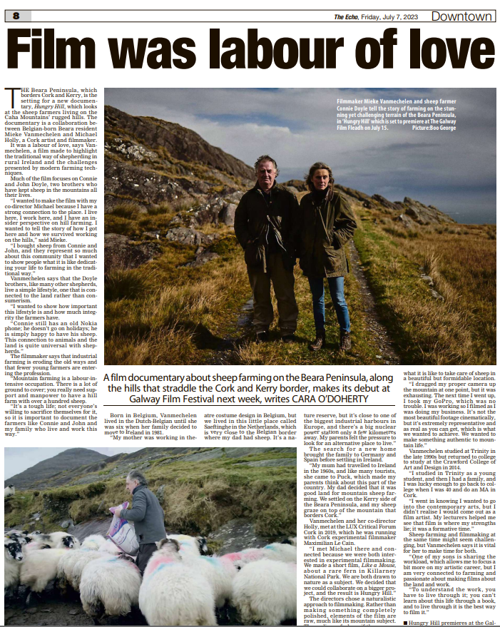 I spoke with <a href="/miekevanmec/">Mieke Vanmechelen</a> about her new docu #HungryHill which she co-directed with <a href="/mickholly/">Michael Holly</a>. The docu, which follows the life of sheep farmers in the wild but beautiful Beara Peninsula, premieres at the <a href="/GalwayFilm/">Galway Film Fleadh</a> later this month. Read the interview in today's <a href="/echolivecork/">EchoLive.ie</a>