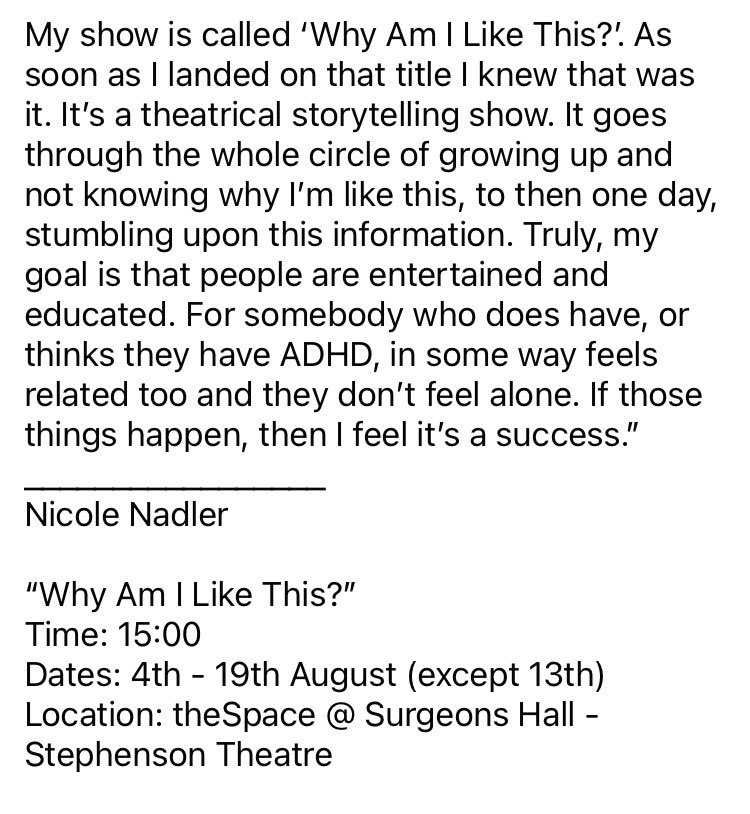 HOTF_EDINBURGH's tweet photo. Humans of the Fringe: The people’s story. Nicole Nadler - #edfringe #humansofthefringe #edinburgh #ADHDawareness @theSpaceUK @edfringe https://t.co/rC2Epe5bB4