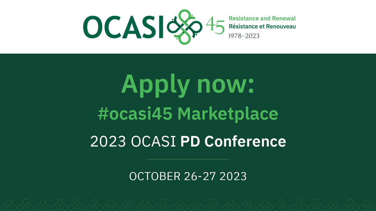 OCASI_Policy's tweet photo. OCASI 2023 PD Conference
Apply now: Marketplace Display Tables https://t.co/aUDoJPJEuv
Do you have a social enterprise? A small business? Want to promote a program or service?
Application Deadline: Friday, July 21, 2023
#ocasi45 https://t.co/R33FKpSSqf