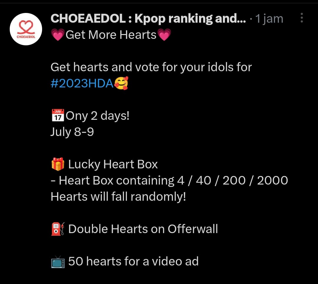 SVS_VoteSN's tweet photo. ⚠Fyi, for the choeaedol application ⚠️

● On Saturday &amp; Sunday, Heart Box will have multiples, which are originally only 7, 20, 100, 1000. Saturday &amp; Sunday tomorrow will be 4, 40, 200, 2000.
● The heart of the ad also went up, which was originally 40❤ to 50❤/1x the viewing. https://t.co/FU588C37Jg