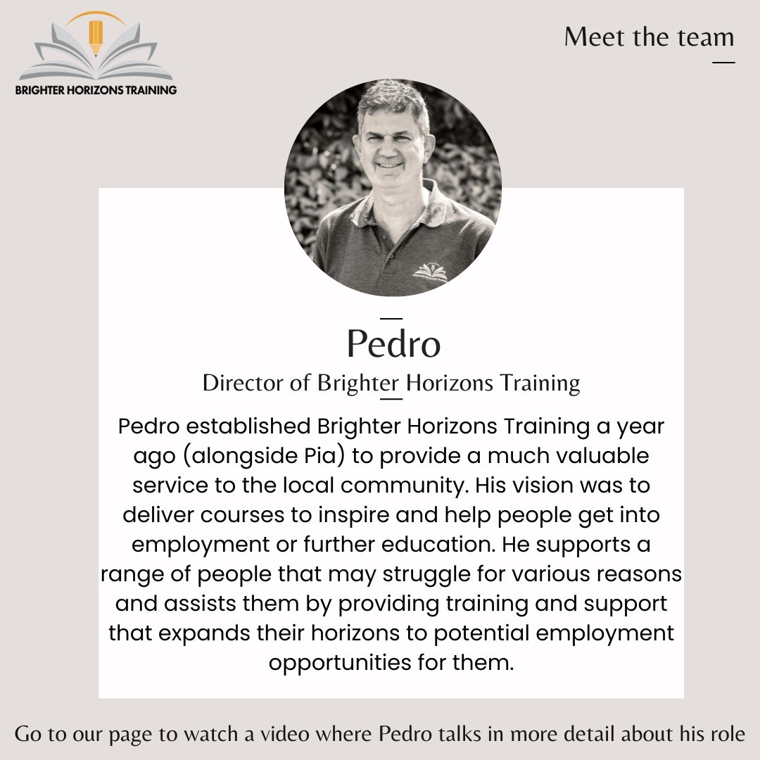 BrighterHT's tweet photo. MEET THE TEAM✨Every few weeks we are going to share a member of our team! This week is Pedro, one of our directors. Go to our page to see a video where Pedro talks more in-depth about his role at Brighter Horizons Training.👨‍💼 https://t.co/HVFJ3YUsez