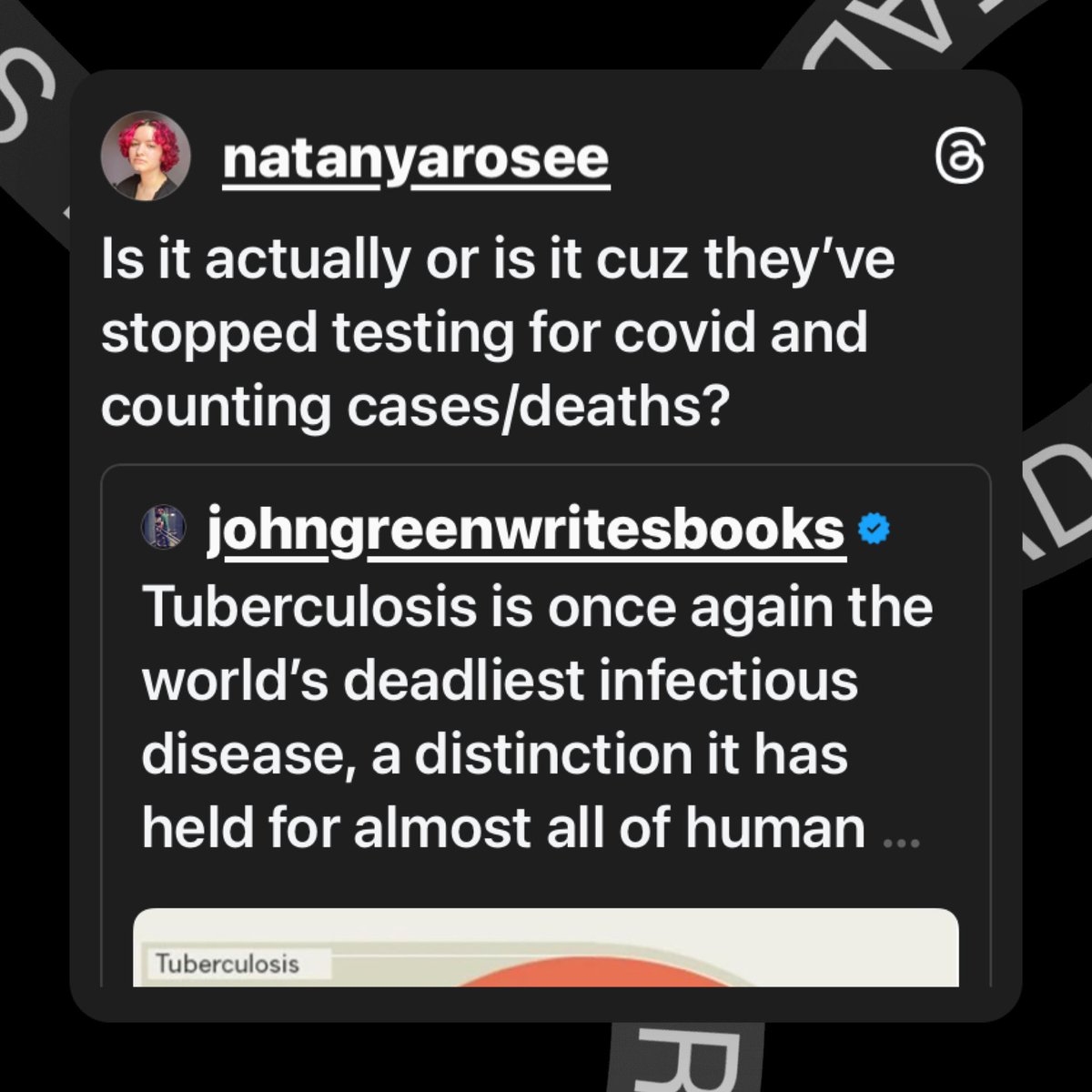 natanyarosee's tweet photo. I’d love to see the data if they were accurately recording Covid data. 

#tuberculosis is a horrible deadly disease, no doubting that, but we need to stop ignoring #covid

#longcovid #covidisntover #wearamask #pandemic #infectiousdisease https://t.co/2oU9Jcjppo