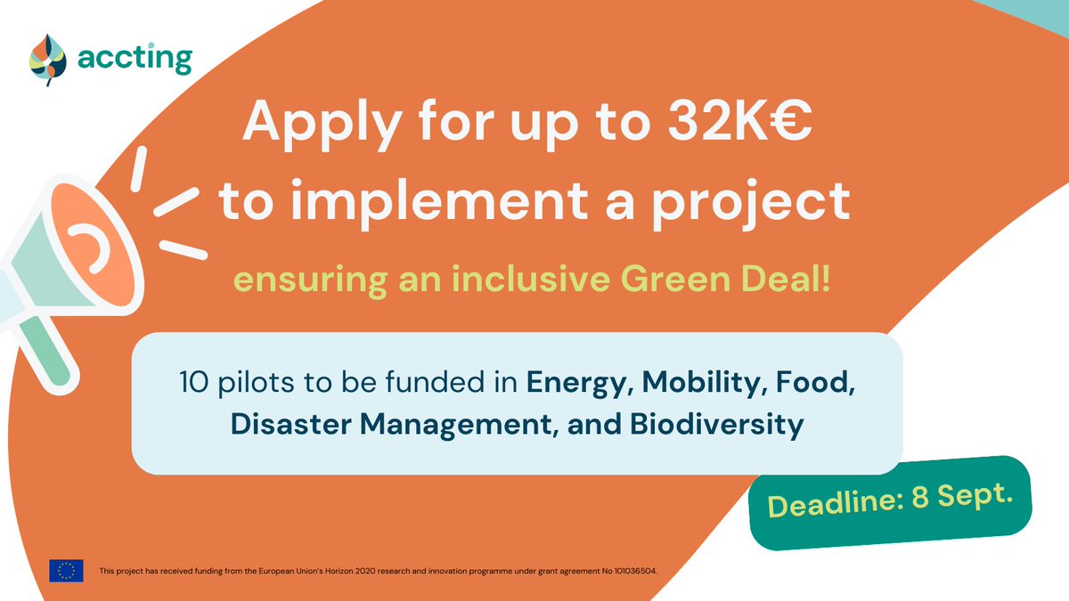 📢New #funding opportunity! Are you working in #Energy, #Mobility, #Food, #DisasterManagement or #Biodiversity? Apply for up to 32K to implement a pilot project addressing vulnerabilities related to #EUGreenDeal! ⏰Deadline: 8 September 🔎Call details: accting.eu/pilot-actions/