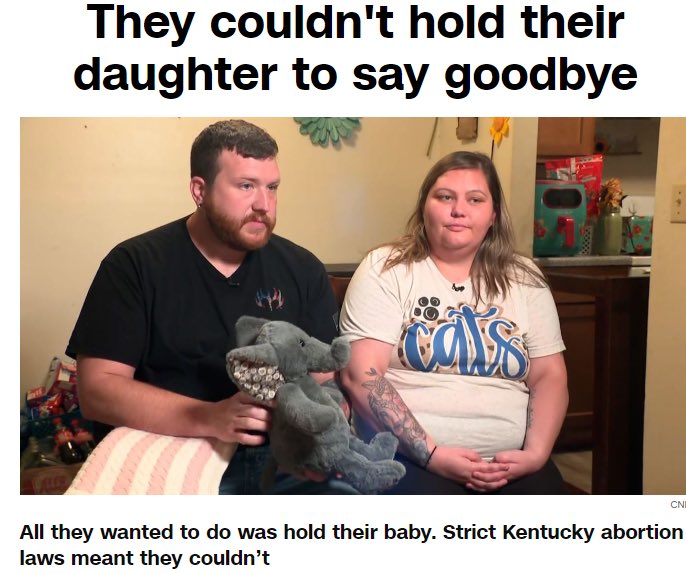 The framing of this CNN story is insane. They wanted an abortion because of a birth defect. Kentucky Medicaid wouldn’t pay for premature delivery to induce death so they traveled out of state for a D&E abortion. The reason they couldn’t hold the baby was because she was in pieces