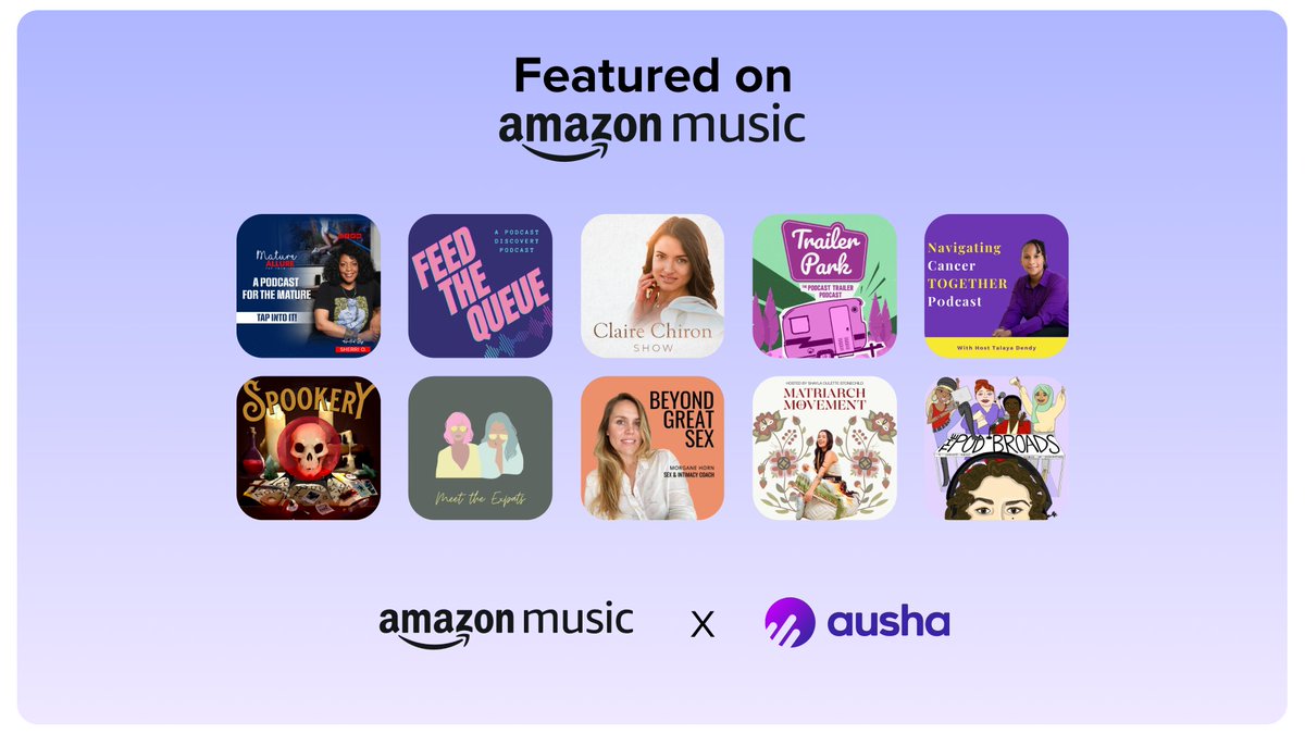 Ausha_EN's tweet photo. We are excited to announce the 10 podcasts that will be highlighted on @AmazonMusic ! 🏆

• Trailer Park @arithisandthat
• Beyond Great Sex
• The @claire_chiron Show
• Matriarch Movement
• The Pod Broads @poddraland
• @NCTpodcastfan
• @mature_allure
• Feed the Queue @laurenpassell @tinkmediaco @adelamiz @podcastbrunch
• @SpookeryPodcast
• Meet the Expats @PaulineMURA

A big congratulations to all the talents! 👏 Thanks to all who submitted to be included.

Here the US selection ➡️ https://t.co/JQaKJU1ibT

@PlayMorePods