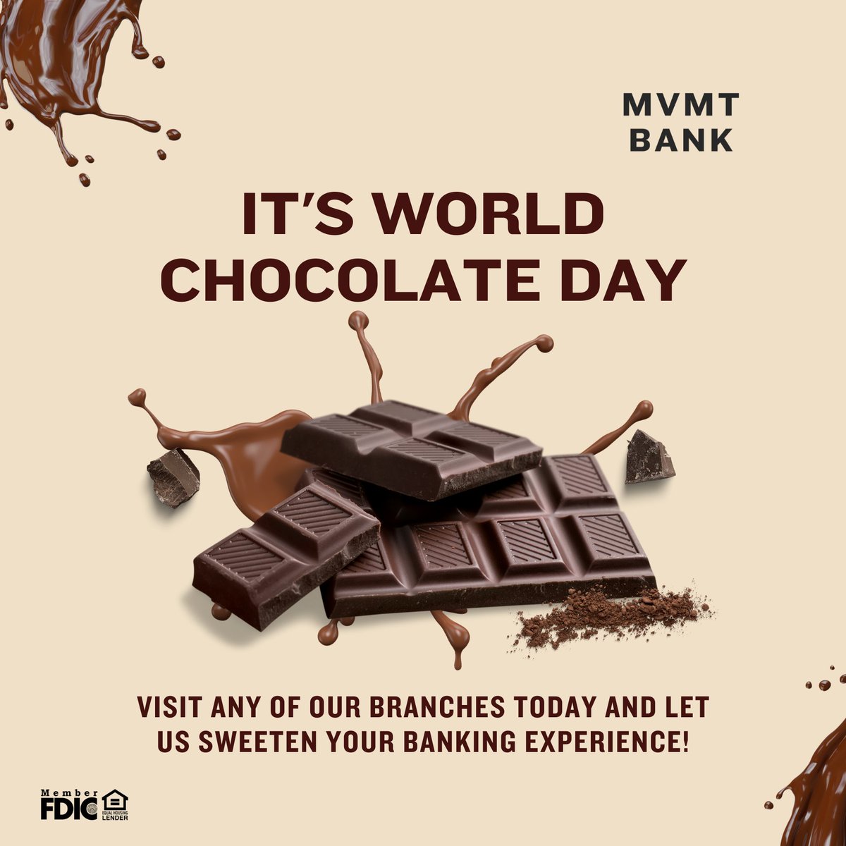 MovementBank's tweet photo. π«π Happy World Chocolate Day! ππ«
Drop by any of our branch locations to indulge your sweet tooth with us! We look forward to sweetening your day and assisting you with your banking needs. #WorldChocolateDay #Chocolate #MovementBank #LoveAndServe https://t.co/zJHFQCSBCU