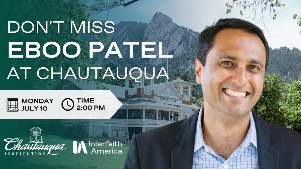 Interfaith America is excited to join <a href="/chq/">Chautauqua Institution</a>'s Week 3 programming from July 8-15, highlighting Faith and Health. 

Don't miss a powerful conversation between our President <a href="/EbooPatel/">Eboo Patel</a> and <a href="/UlyssesBurley/">UBtheCURE</a> on July 10th at 2 PM ET! 

Learn more and register: bit.ly/3zYfewI
