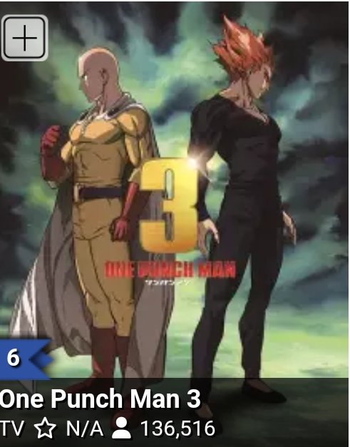 daily1punch's tweet photo. One Punch Man Season 3 is now in the Top 6 most anticipated upcoming name, there is still no studio info or release date as of now https://t.co/I35JBGVPIC