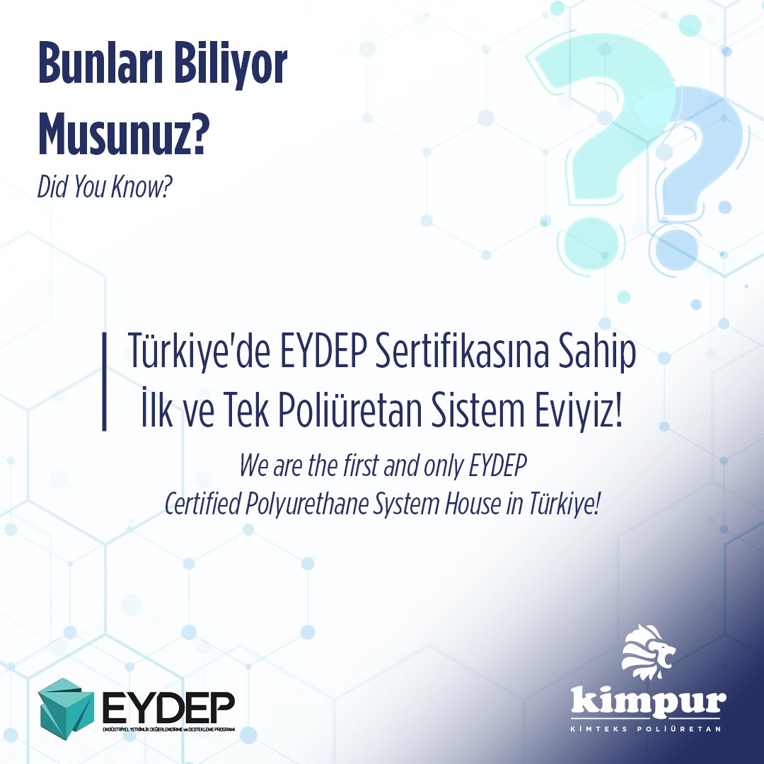 kimpurglobal's tweet photo. Türkiye'de EYDEP sertifikasına sahip ilk ve tek poliüretan sistem eviyiz!

We are the first and only EYDEP certified polyurethane system house in Türkiye!

#Kimpur
#Kmpur
#EYDEP https://t.co/sIBGq1RP0l