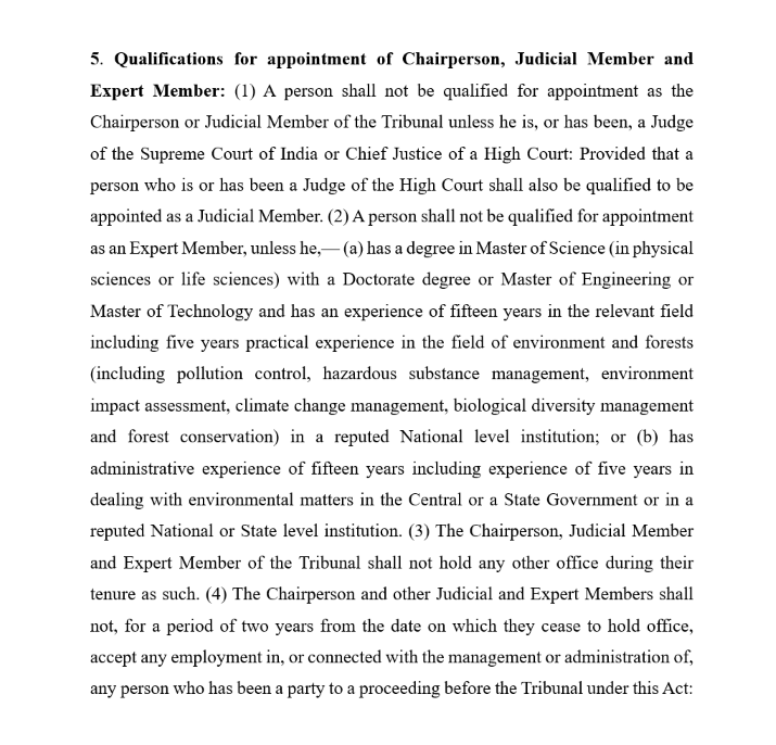 Qualifications of Chairperson of NGT; its pertinent qualifications do not differentiate between an acting Chairperson, and a permanent Chairperson who should have been a Supreme Court Judge or a CJ of a High Court, the present incumbent is neither to be even a judicial member
/3