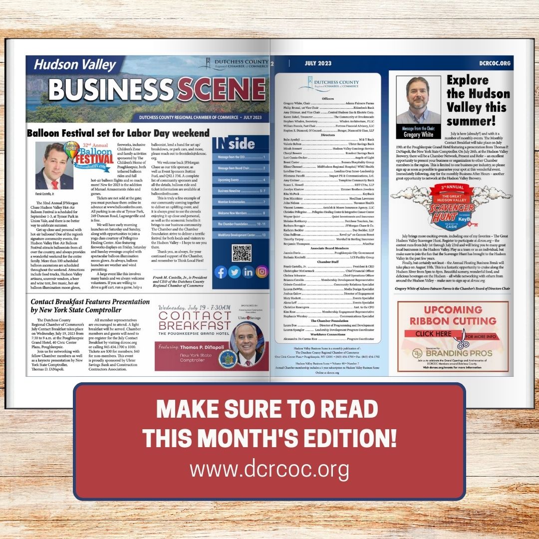 The Hudson Valley Business Scene is here! Find out more about our local business community, upcoming events, networking opportunities, and the work of The Chamber Foundation and Workforce Development Center.
Read it here: dcrcoc.org/Hudson-valley-…
#thinklocalfirst #hudsonvalley