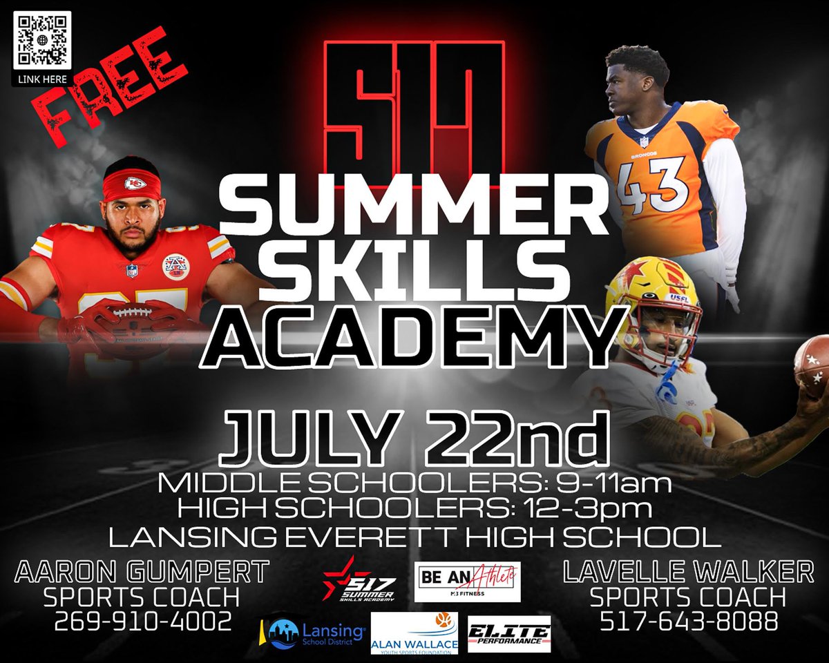 You don’t want to miss the 2nd Annual 517 Summer Skills Academy. A lot of local collegiate and professional talent will be in attendance. This camp is a great way to learn, compete, & develop as a football player. Here is the link, You Must RSVP! eliteperformanceforyou.com