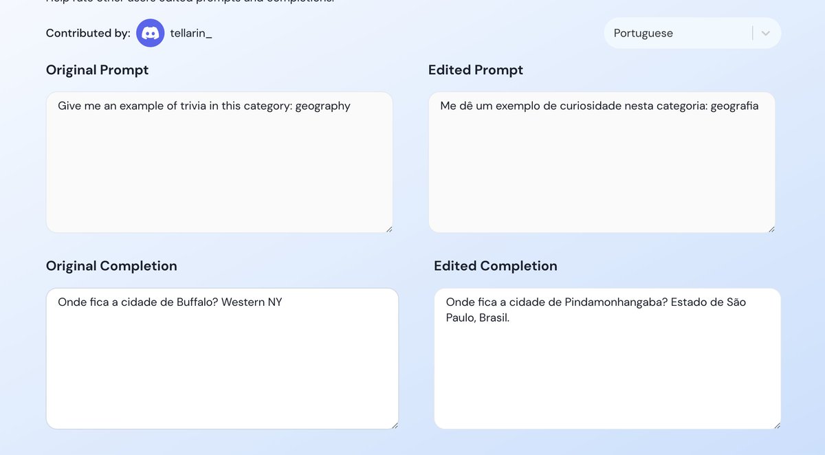 We just launched Task 3 for AYA 🔥 -- help give feedback on edits already made by others. ✨🌏🌍🌎

AYA is an open science initiative with collaborators from over 100 countries. We need some way to celebrate high quality contributions -- now you can help.

…gual-frontend-dtjnk4f6ra-ue.a.run.app